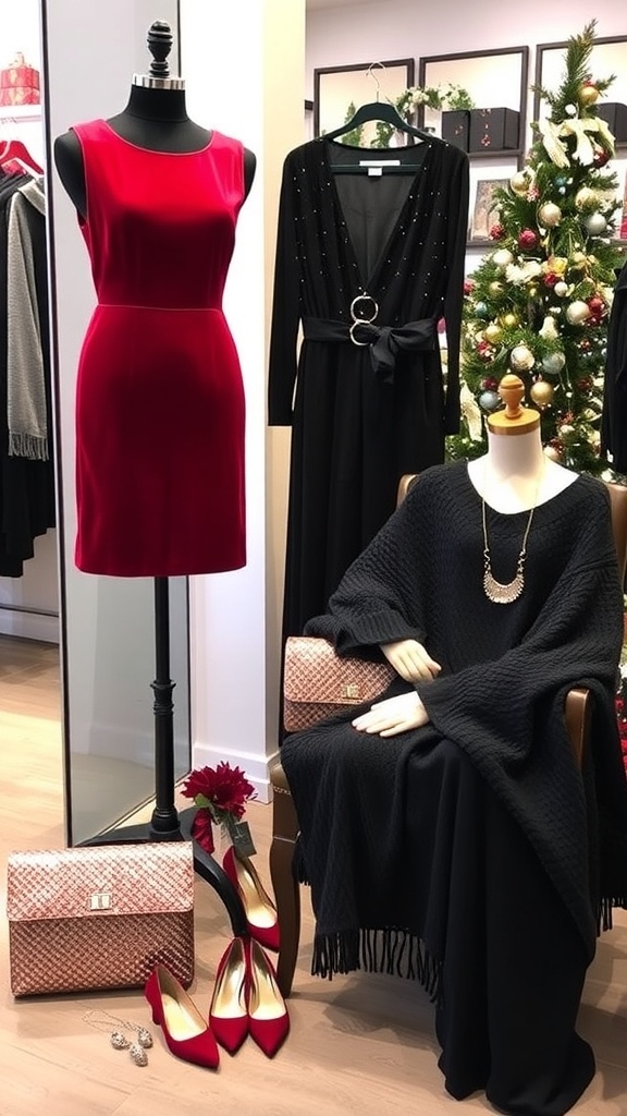 A display of stylish Christmas party outfits including a red velvet dress, sequined jumpsuit, and cozy sweater with festive accessories.